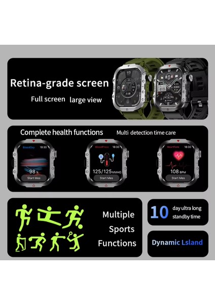 Sağlam Askeri Akıllı Saat H11 Erkek Açık Hava Saati 2.01" Hd Dokunmatik Ekran Sesli Bluetooth Arama Kalp Atış Hızı Monitörü Saat (Yurt Dışından) indirimleri