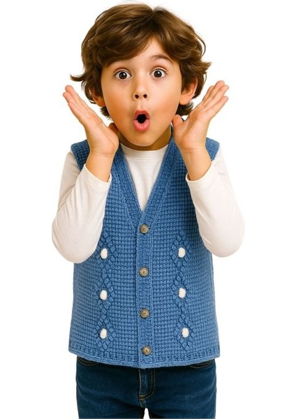 3879 El Örgüsü Şekil Desenli Örgü Yelek - 8 Yaş