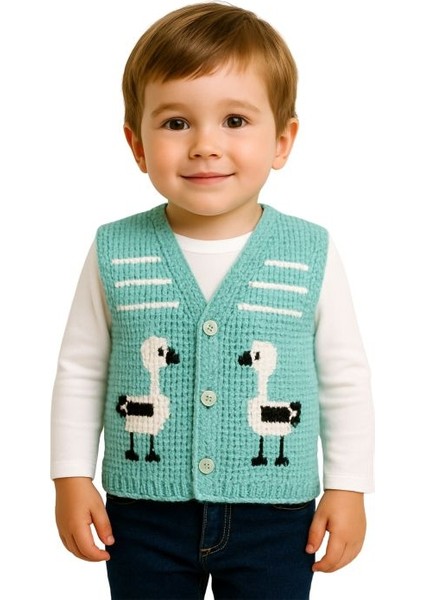 0907 El Örgüsü Ördek Desenli Örgü Yelek - 1 - 3yaş