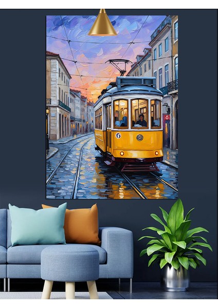 Sarı Tramvay Eski Şehir Dekoratif Kanvas - Mdf Ahşap Tablo