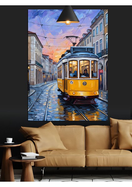 Sarı Tramvay Eski Şehir Dekoratif Kanvas - Mdf Ahşap Tablo fiyatları