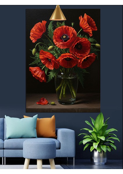Kırmızı Çiçekler Cam Vazo Siyah Fon Dekoratif Kanvas - Mdf Ahşap Tablo