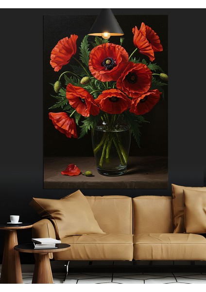 Kırmızı Çiçekler Cam Vazo Siyah Fon Dekoratif Kanvas - Mdf Ahşap Tablo fiyatları