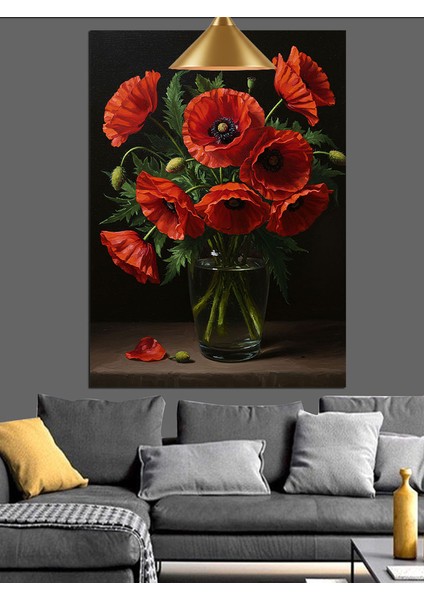 Kırmızı Çiçekler Cam Vazo Siyah Fon Dekoratif Kanvas - Mdf Ahşap Tablo modelleri