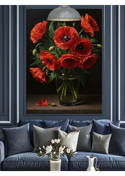 Kırmızı Çiçekler Cam Vazo Siyah Fon Dekoratif Kanvas - Mdf Ahşap Tablo fırsatları