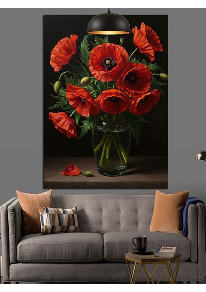 Kırmızı Çiçekler Cam Vazo Siyah Fon Dekoratif Kanvas - Mdf Ahşap Tablo indirimleri