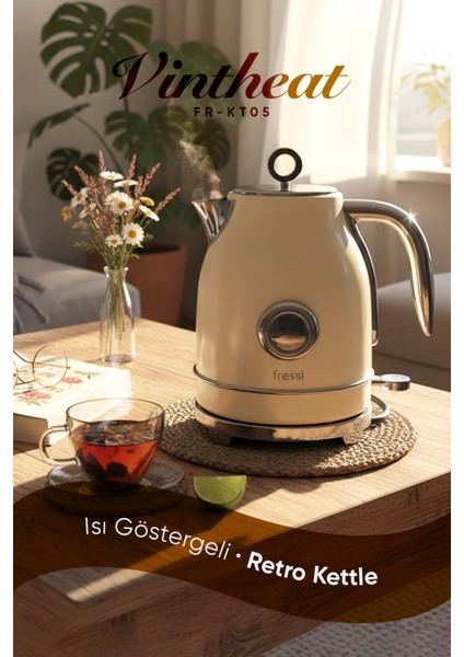 FR-KT05 Vintheat 1,7l Isı Göstergeli Retro Krem Kettle Kablosuz Su Isıtıcısı