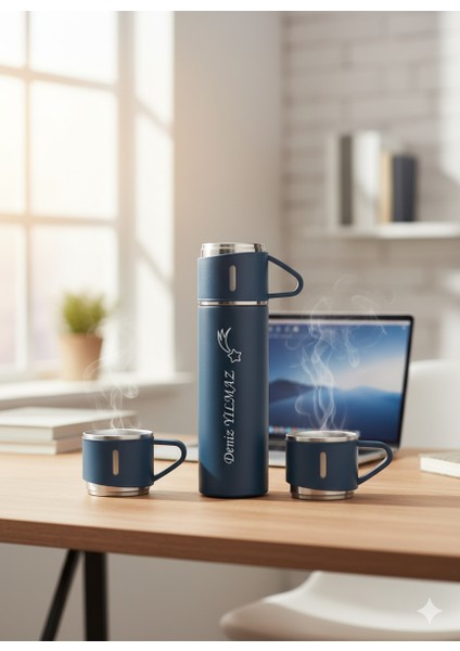 Bardaklı Termos 500ML A+ Kalite 3 Bardaklı Set Paslanmaz Çelik Kahve Termosu Çanta Hediye