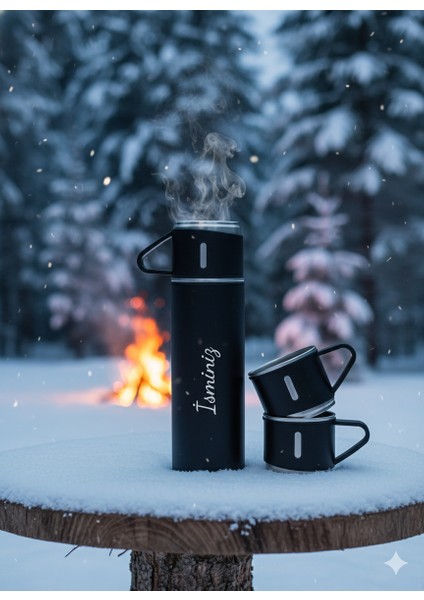 Termos Suluk 500ML 3 Bardaklı Paslanmaz Çelik Kahve Çay Termosu Premium Hediye Çantalı