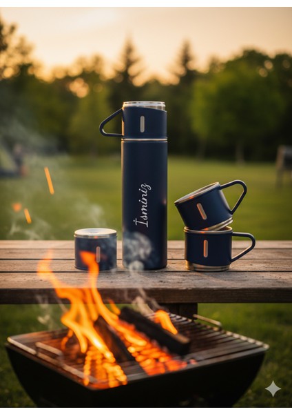 Bardaklı Çelik Termos 500ML Set 3 Bardaklı A+ Kalite Kahve Termosu Çantalı Hediye