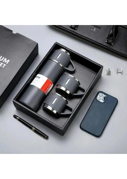 Çay Termosu 500ML 3 Bardaklı Set Premium Paslanmaz Çelik Kahve Termosu Sıcak Tutan Termos Çantalı