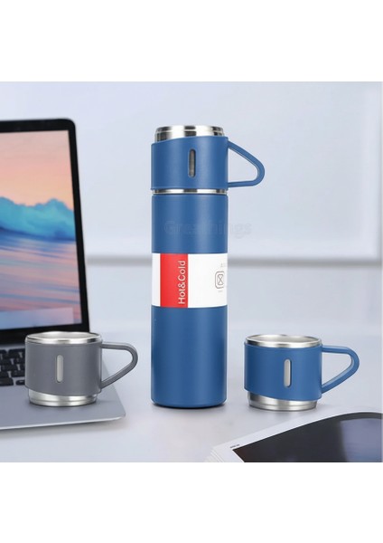 500 ml Termos Seti 3 Bardaklı A+ Kalite Paslanmaz Çelik Kahve Termosu Çantalı Hediye