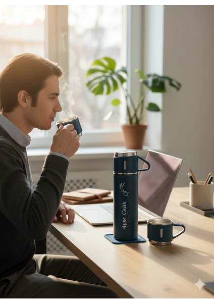 Bardaklı Termos 500ML A+ Kalite 3 Bardaklı Set Paslanmaz Çelik Kahve Termosu Hediye Çantalı