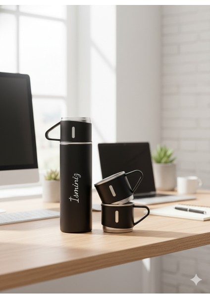 Erkek Termos 500ML 3 Bardaklı A+ Kalite Paslanmaz Çelik Kahve Termosu Hediye Çantalı