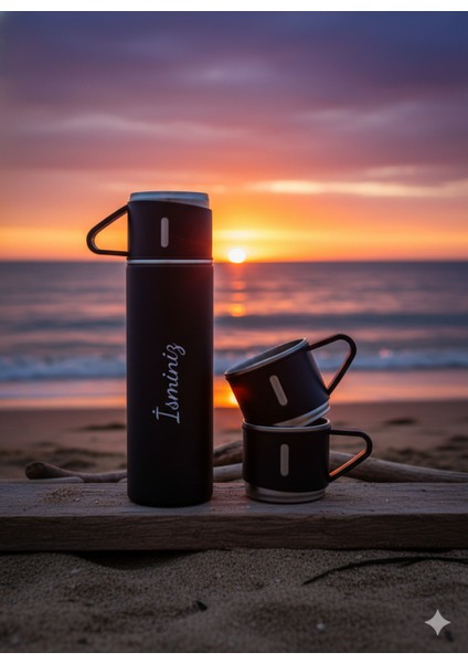 Çelik Termos 500ML 3 Bardaklı Set A+ Kalite Paslanmaz Çelik Kahve Termosu Kamp Termosu Çantalı