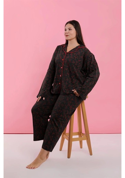 Kadın Büyük Beden Siyah Kırmızı Çiçekli Düğmeli Pijama Takımı modelleri