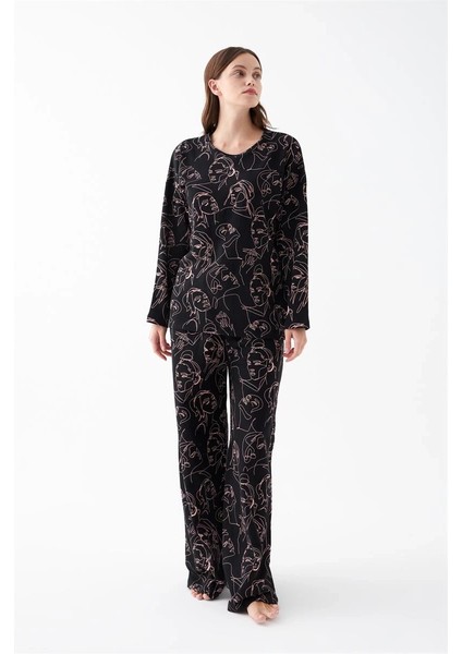 Kadın Oversize Siyah Line Art Desenli Pamuklu Kalın Pijama Takımı