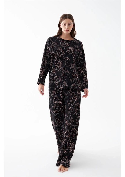 Kadın Oversize Siyah Line Art Desenli Pamuklu Kalın Pijama Takımı fırsatları