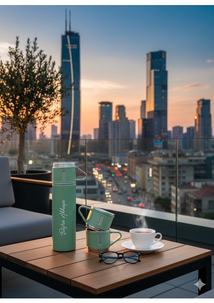 3 Bardaklı Kahve Termosu 500ML Paslanmaz Çelik Set Çay Termosu A+ Kalite Hediye Çantalı