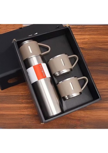 A+ Kalite 500 ml Termos 3 Bardaklı Paslanmaz Çelik Kahve Çay Termosu Çanta Hediyeli