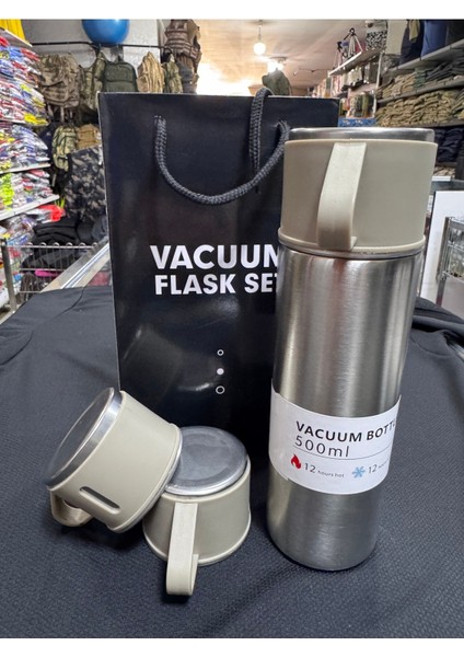 Bardaklı Termos 500ML 3 Bardaklı Premium Çelik Set Kahve Çay Termosu Hediye Çantalı