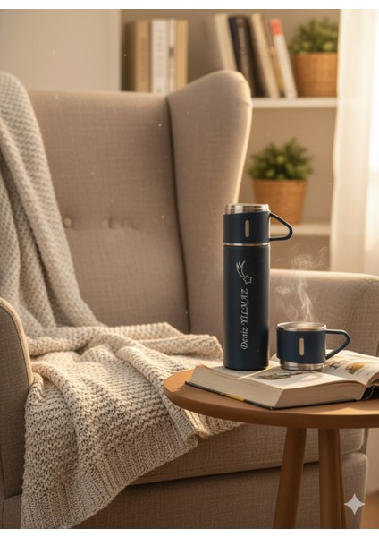 Paslanmaz Çelik Termos Mavi Renk 3 Bardaklı Termos Seti Vakumlu Set Çanta Hediyeli >550 ml Içecek Sa