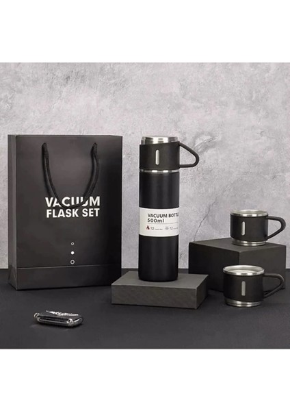 Paslanmaz Çelik Termos Mavi Renk 3 Bardaklı Termos Seti Vakumlu Set Çanta Hediyeli >550 ml Içecek Sa fiyatları