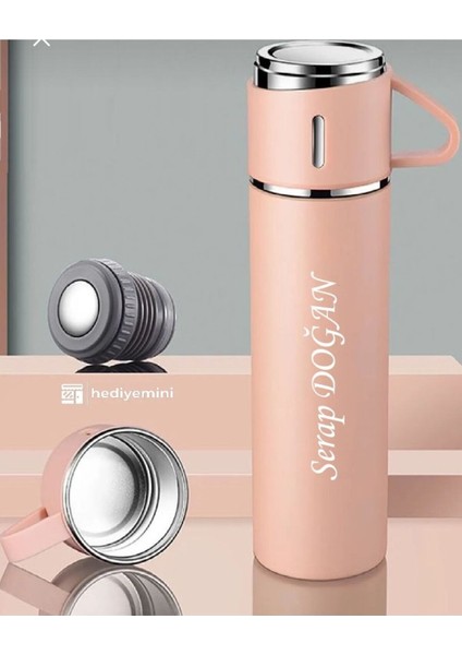 Paslanmaz Çelik Termos Pembe Renk 3 Bardaklı Termos Seti Vakumlu Termos Set Çanta Hediyeli Bej Diğer