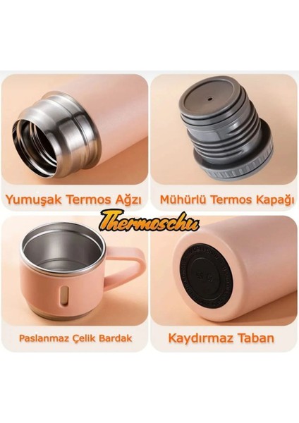 Paslanmaz Çelik Termos Pembe Renk 3 Bardaklı Termos Seti Vakumlu Termos Set Çanta Hediyeli Bej Diğer indirimleri