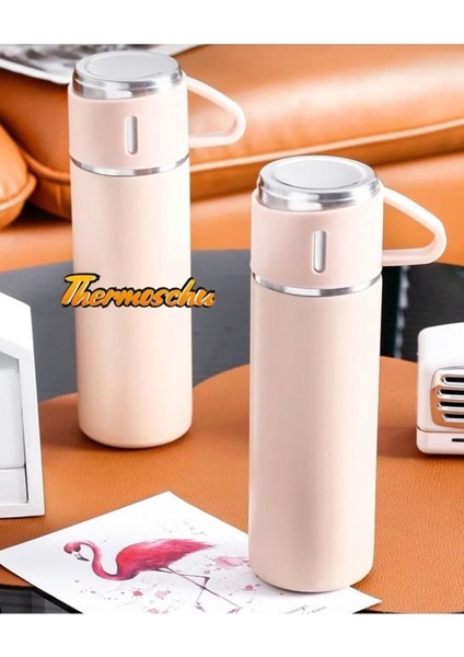 Paslanmaz Çelik Termos Pembe Renk 3 Bardaklı Termos Seti Vakumlu Termos Set Çanta Hediyeli Bej Diğer