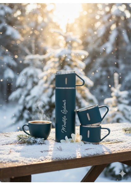 A+ Kalite 500 ml Termos 3 Bardaklı Paslanmaz Çelik Kahve Çay Termosu Çanta Hediyeli