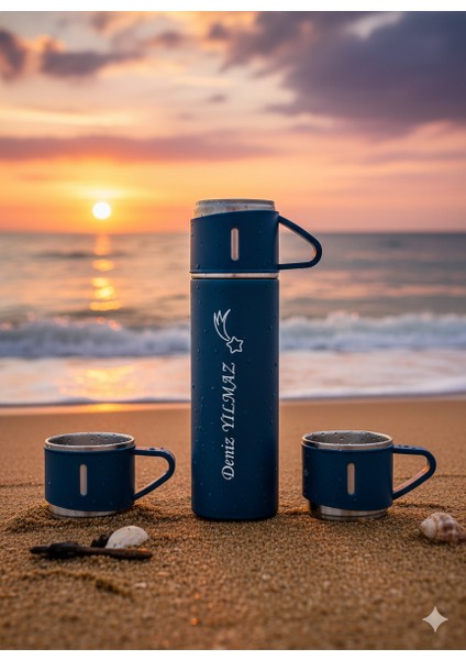 A+ Kalite 500 ml Termos 3 Bardaklı Paslanmaz Çelik Kahve Çay Termosu Hediye Çantalı