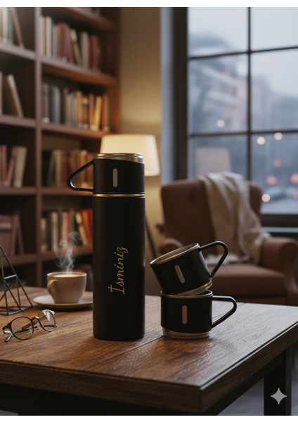 A+ Kalite 500 ml Termos 3 Bardaklı Paslanmaz Çelik Kahve Çay Termosu Çanta Hediyeli