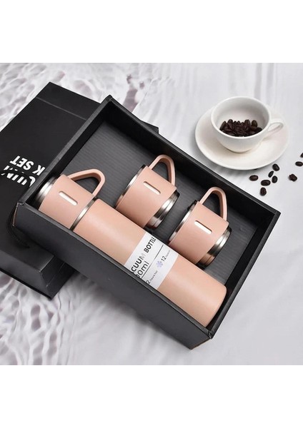 Hediyelik 3 Bardaklı Çelik Termos Seti 500 Ml. Vacuum Flask Set Karton Çantalı - Simli Içecek 500 ml