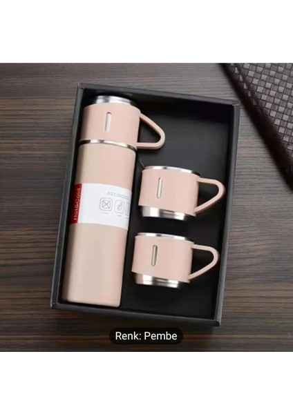 Hediyelik 3 Bardaklı Çelik Termos Seti 500 Ml. Vacuum Flask Set Karton Çantalı - Simli Içecek 500 ml modelleri