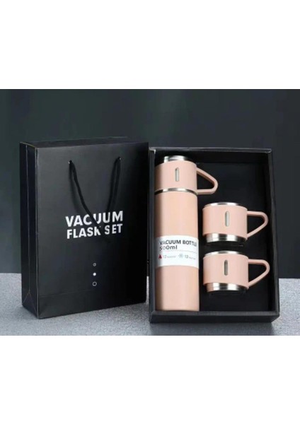 Hediyelik 3 Bardaklı Çelik Termos Seti 500 Ml. Vacuum Flask Set Karton Çantalı - Simli Içecek 500 ml fırsatları