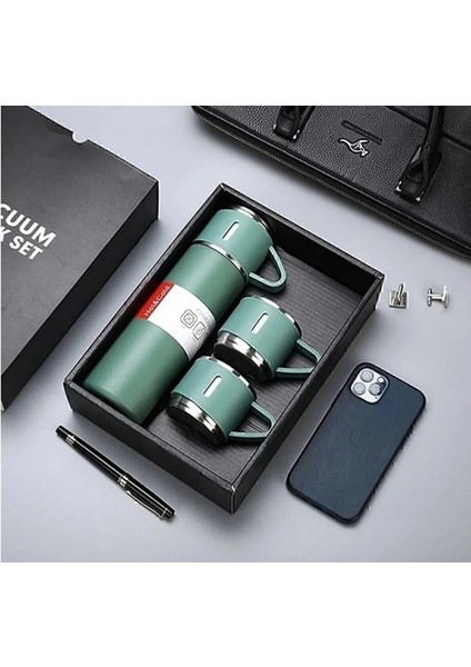 Paslanmaz Çelik Termos 4 Renk Seçeneği 3 Bardaklı Termos Seti Vakumlu Termos Set Çanta Hediyeli 350-