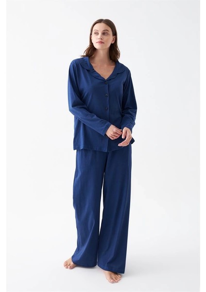 Kadın Lacivert Düğmeli Yaka Detaylı Pamuklu Pijama Takımı