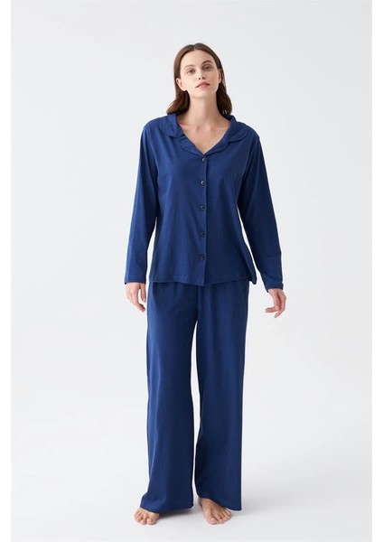Kadın Lacivert Düğmeli Yaka Detaylı Pamuklu Pijama Takımı modelleri