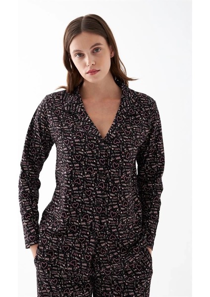 Kadın Siyah Düğmeli Kalp Desenli Pamuklu Pijama Takımı