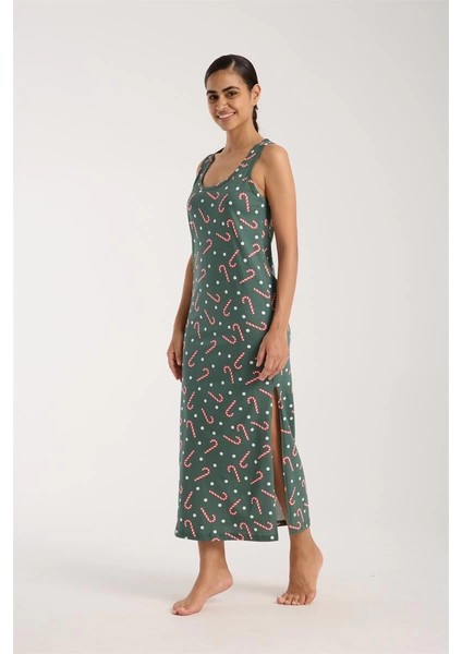 Kadın Kalın Askılı Yırtmaçlı Uzun Yeşil Gecelik