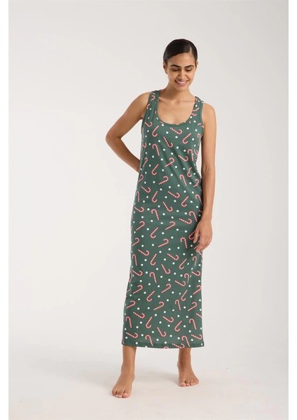 Kadın Kalın Askılı Yırtmaçlı Uzun Yeşil Gecelik modelleri