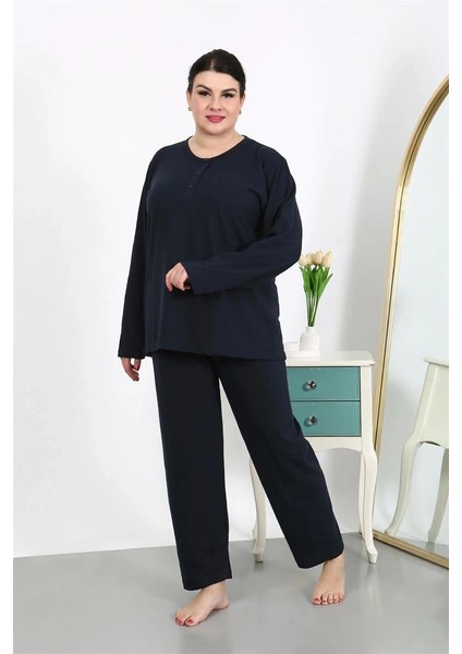 Kadın Büyük Beden Uzun Kol Penye Pijama Takımı Lacivert
