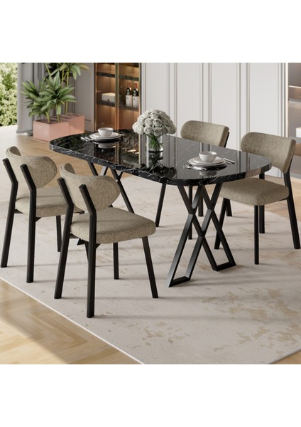 Axton Serisi Sabit Mdf 90X168 Siyah Mermer Desen Mutfak Masa Takımı 4 Cappucino Sandalye