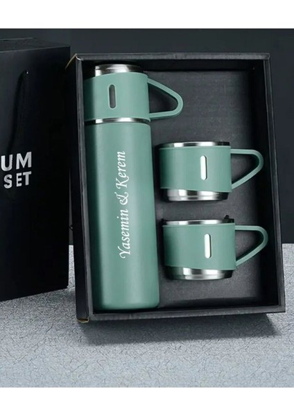 Kişiye Özel Paslanmaz Çelik Termos 3 Bardaklı Termos Seti Çanta Hediyeli 0,50 L Içecek Paslanmaz Çel