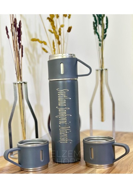 Kişiye Özel Isimli Termos Seti Paslanmaz Çelik 3 Bardaklı Çanta Hediyeli Vakumlu Set Içecek 500 ml P