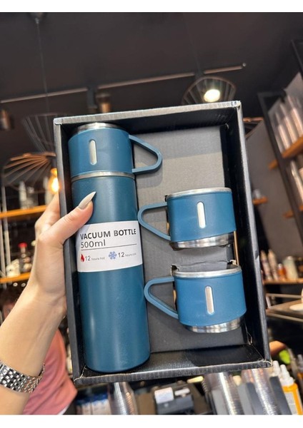 Vakumlu Paslanmaz Çelik Termos 3 Bardaklı Termos Seti Çelik 2 Yıl Taşıma Gri