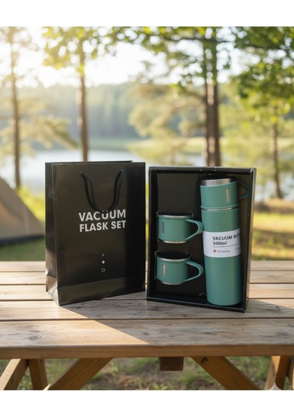 3 Bardaklı Termos Paslanmaz Çelik Içecek 500 ml Krom Gri 12 Saat Kutulu