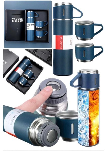 Paslanmaz Çelik 500ML 3 Bardaklı Termos Taşınabilir Çift Katman Yalıtımlı Vakumlu Seyehat Tipi Sıcak modelleri