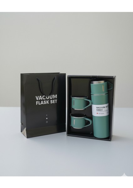 Gıda Sertifikalı 500 ml Ultra Slim Paslanmaz Çelik Kamp Outdoor Ev Bebek Termos Mug 3 Bardaklı Yeşil